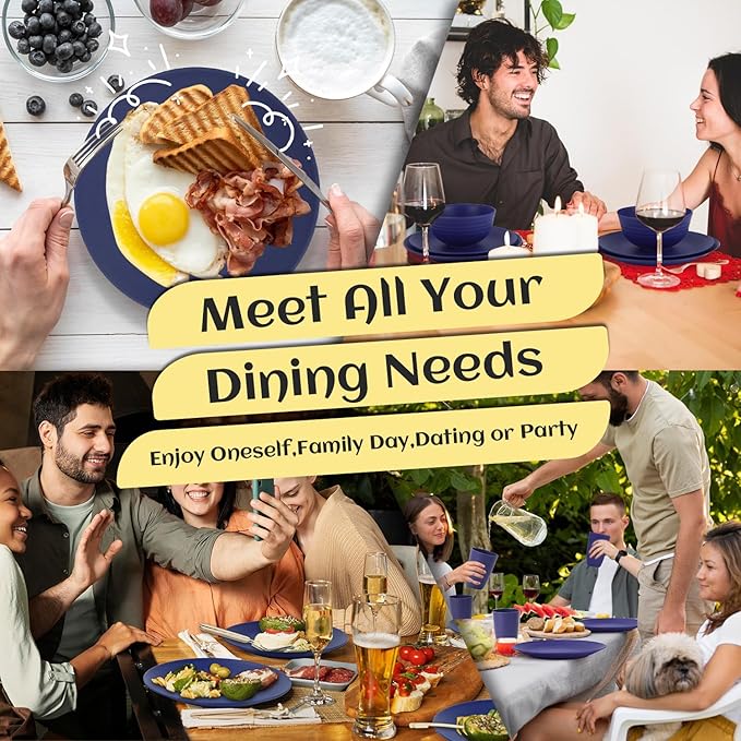 Homienly 40 Pcs Wheat Straw Dinnerware Sets, Dinner Plates, Cups, Pasta Bowls, Dishes Set For 8, Microwave Safe Plates and Bowls Sets, Blue