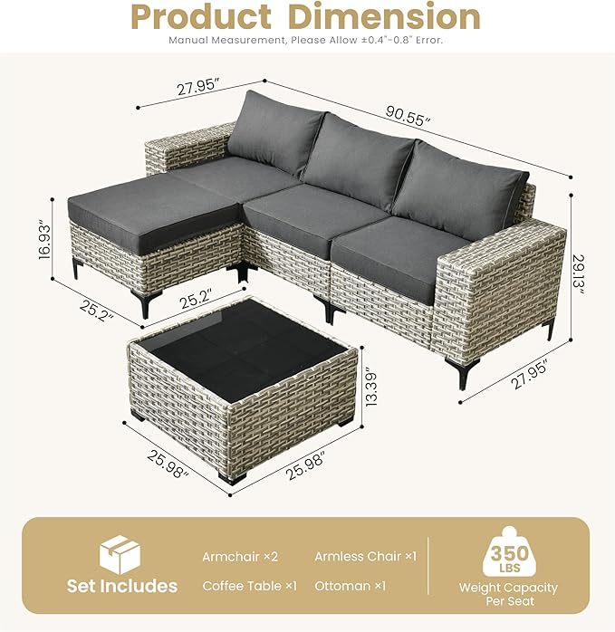 HOOOWOOO Outdoor Sectional Furniture Set,5 PCS Wicker Patio Couch Sets,L Shape All Weather Resistant Outside Conversation Sofa Set with Ottoman Table,Black