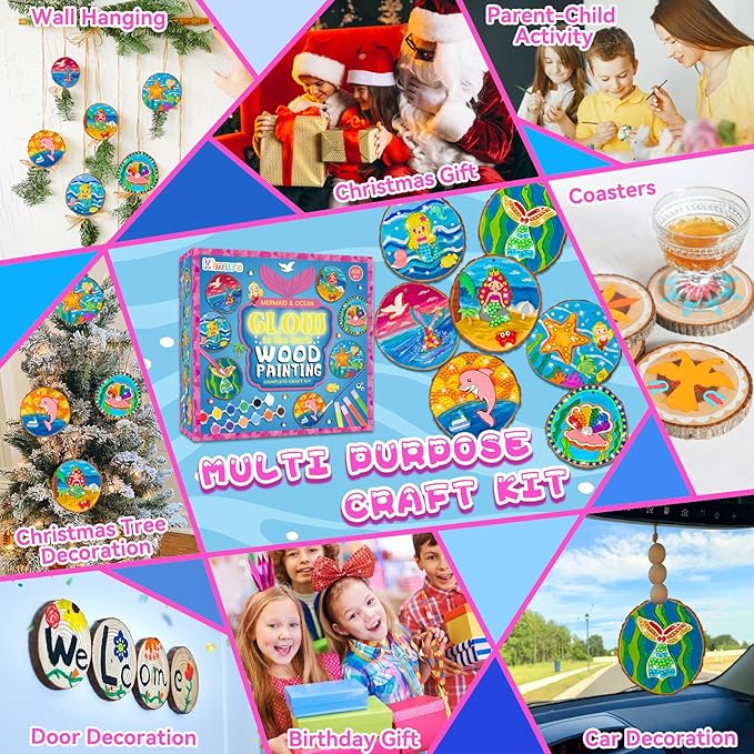 klmars Mermaid Themed Wooden Painting Kit-Glow in The Dark-Arts & Crafts Gifts for Kids Girls Ages 6-12-Wood Slice Craft Activities Kits -Mermaid Art Toys for Kids Christmas Gifts