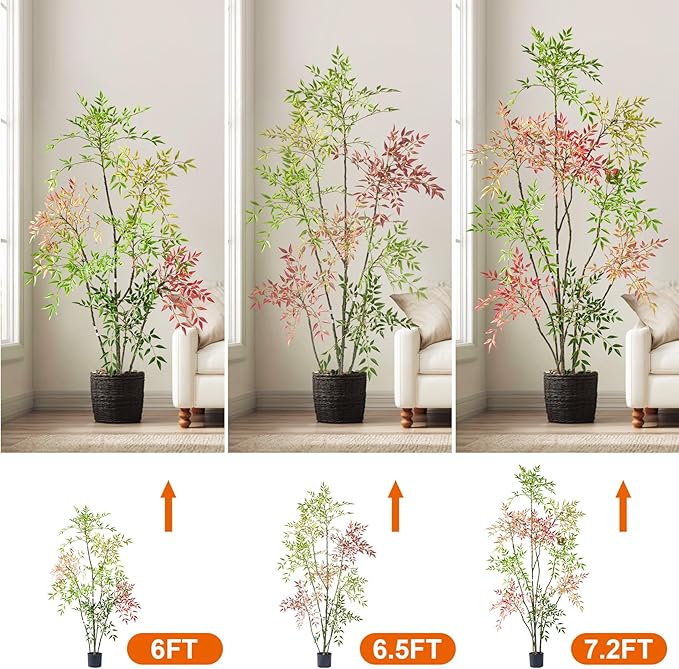 7.2ft Faux Bamboo Tree Artificial Nandina Tree Artificial Indoor Plants Realistic Fake Potted Tree with 800+ Leaves, Cement Planter - Home Office Decor Perfect for Housewarming Gift Non-Toxic