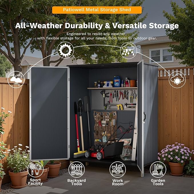 Patiowell Plastic Outdoor Storage Shed, 5 x 3 FT Patio Storage Shed Cabinet with Stable Roof & Lockable Doors Waterproof Resin Shed for Tools, Patio Furnitrue Accessories, Dark Gray
