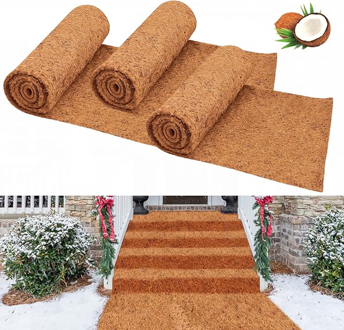 Riare 3 Pack 16 × 118 Inch No-Slip Ice and Snow Carpet Mats- Natural Coconut Fiber Carpet Anti-Slip Coir Mat for Winter Walkways Front Door Stairs Porch Outdoor Garden Patio Safe &Stable Walking