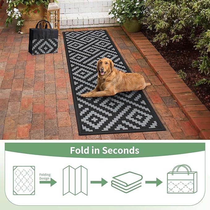 GENIMO Outdoor Rugs 2.5x8 Waterproof, Reversible Mats, Outdoor Area Rug, Plastic Outside Carpet, Eeometric Rv Mat for Patio Camping Rv Picnic Backyard Deck Balcony Porch Beach (Black & Grey)