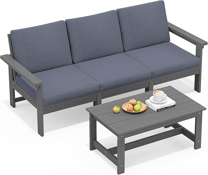 SERWALL HDPE Patio Sofa Set, 4-Piece Sectional Outdoor Furniture Set, All Weather Outdoor Couch Set Patio Furniture Set for Deck, Lawn, Grey Frame with Grey Cushion