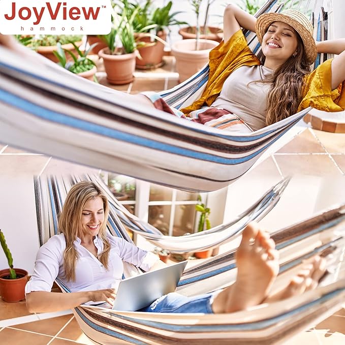 JoyView Brazilian Hammock for Single Person - Portable Cotton Hammock with Hanging Ropes & Carry Bag - 78.8x39.4' - 300LBS Capacity - Perfect for Outdoor/Indoor - Blue Stripe