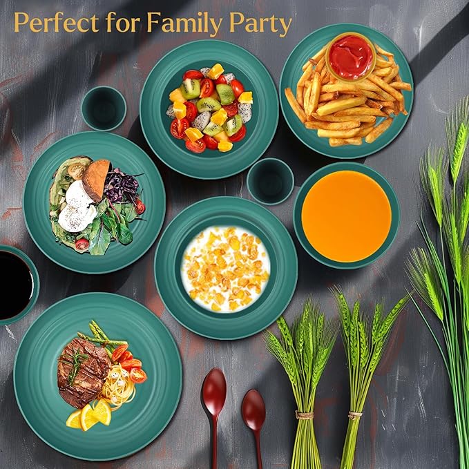 Wrova Wheat straw plates and bowls set of 16 - Unbreakable wheat straw dinnerware sets for kids - Alternative plastic dinnerware set service for 4 - Microwave safe and Dishwasher safe bowls. Green