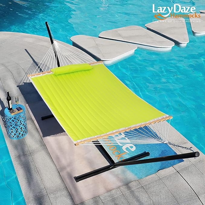Lazy Daze Hammocks Quilted Fabric Double Hammock with Pillow, Spreader Bar Swing for Two Person, 450lbs Weight Capacity (Light Green)