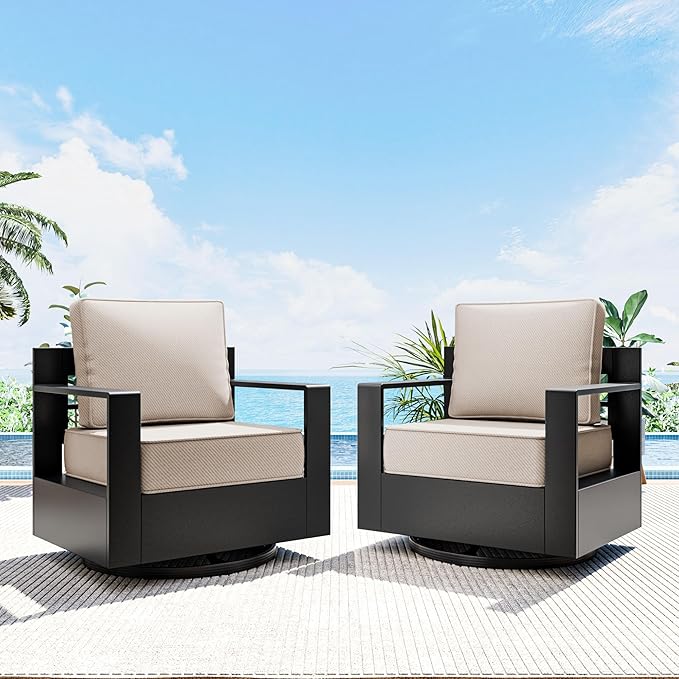 Aluminum Outdoor Swivel Rocker Patio Chairs Set of 2, All-Weather Metal Outdoor Chair with 6 Inch Thick Cushions, Deep Setting for Garden, Outside and Porch
