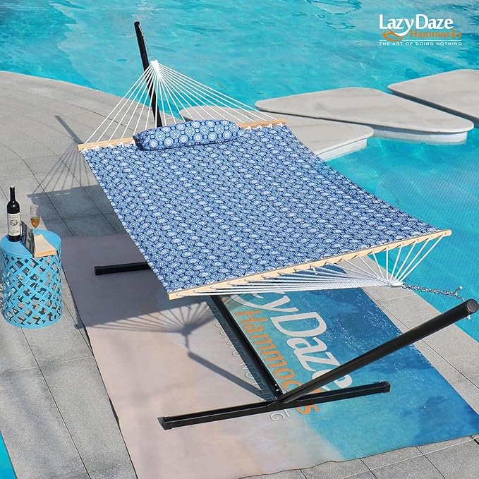 Lazy Daze Hammocks 12 FT Double Quilted Fabric Hammock with Spreader Bars and Detachable Pillow, 2 Person Hammock for Outdoor Patio Backyard Poolside, 450lbs Weight Capacity, Blue Floral, HM003648