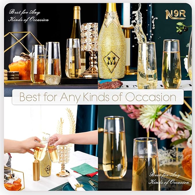 N9R 36PCS Plastic Champagne Flutes, 9 Oz Stemless Disposable Gold Rim Toasting Glasses, Crystal Clear Cocktail Cups Drinkware Shatterproof Ideal for Party Wedding Birthday