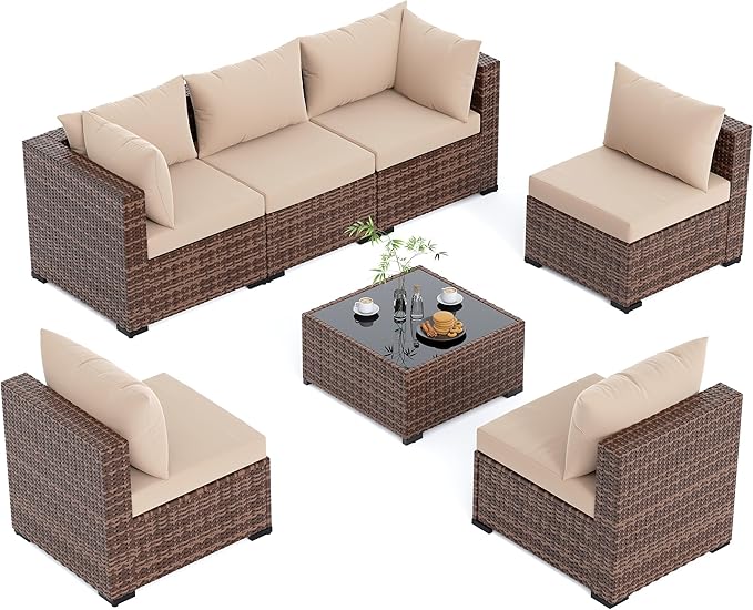 UDPATIO Patio Furniture Set, 7 Piece Outdoor Sectional Sofas with Wicker Coffee Table, Outdoor Patio Conversation Set for Garden, Backyard Khaki