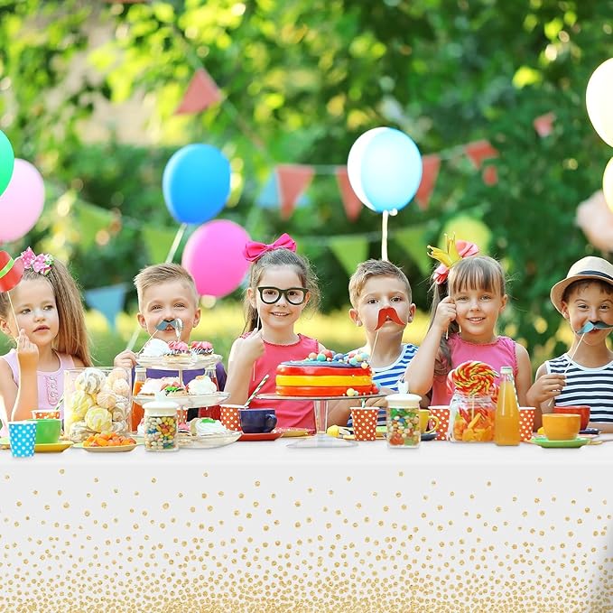 12 Pack White and Gold Dot Tablecloth, White Plastic Table Cloths for Parties Disposable, 54x108in Waterproof Rectangular Camping Tablecloth for Birthday Party Picnic Baby Shower