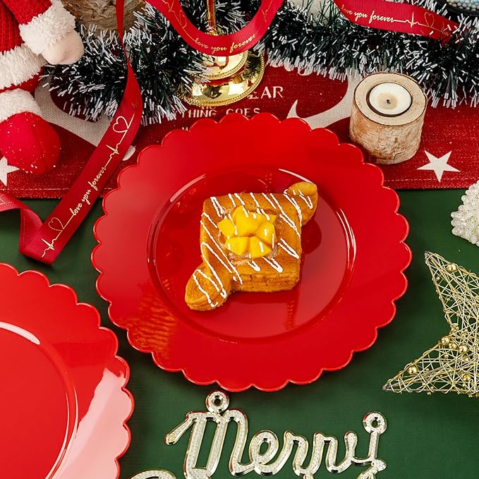 SUT 72Pcs Red Plastic Plates,10.25inch Red Dinner Plates, Disposable Dinner Plates, Red Heavy Duty Plastic Plates, Disposable Plates, Red Scallop Plastic Plates for Party