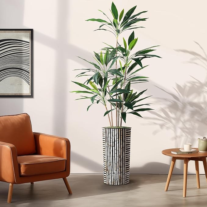 Artificial Tree in Black and Brown Striped Planter, Fake Dracaena Tree Silk Tree for Indoor and Outdoor Home Decoration - 66" Overall Tall (Plant Pot Plus Tree)