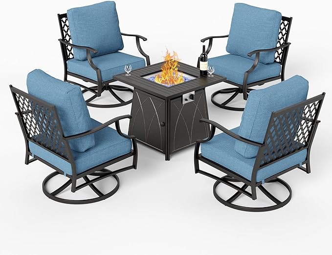 5 Piece Metal Outdoor Patio Furniture Set with Fire Pit Table, Patio Conversation Sets 4 Swivel Chairs with 5.75" Thick Cushion and 5000 BTU Fire Pit Table, Backyard Furniture, Navy