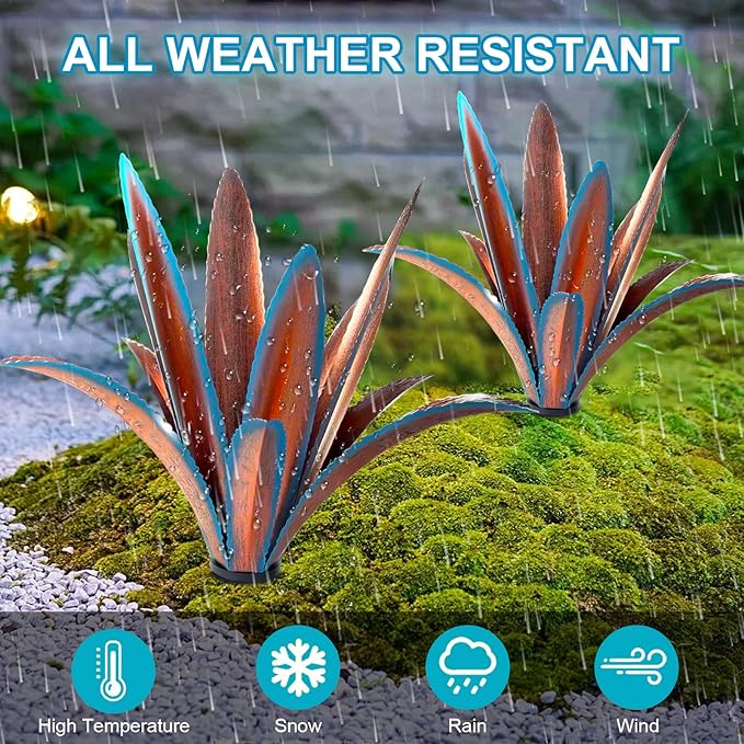 TOMBABY Enlarge Thickened Wind Resistant Metal Agave Garden Art Metal Plant Country Sculpture Statue Outdoor Decoration Agave Metal Plant Courtyard Garden Lawn Ornament Gift (1, 12 Leaves Blue)