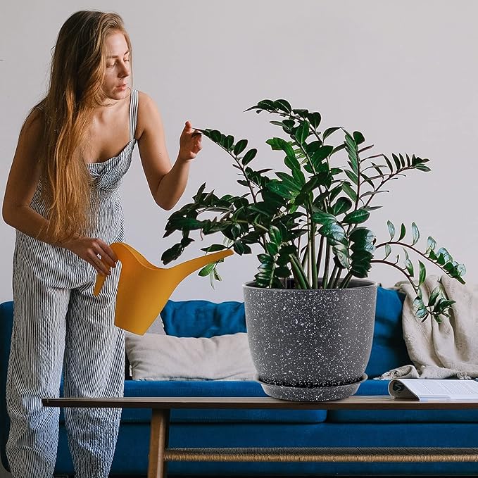 Modern Plant Pots Set, 9/8/7.5 inch Plastic Planters for Indoor Plants, Stylish Flower Pots with Drainage Holes and Saucers for House Plants and Flowers, Black Speckles