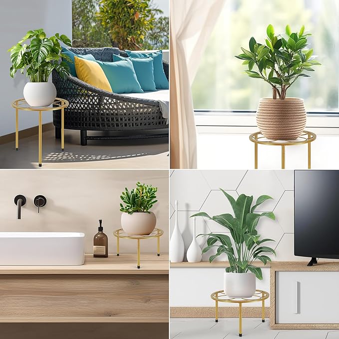 5 Pack Metal Plant Stand, Anti-Rust Iron Plant Stands for Indoor and Outdoor, Heavy Duty Flower Pot Stands for Multiple Plant, Black Potted Plant Holder for Garden Home (5 Pack Gold)