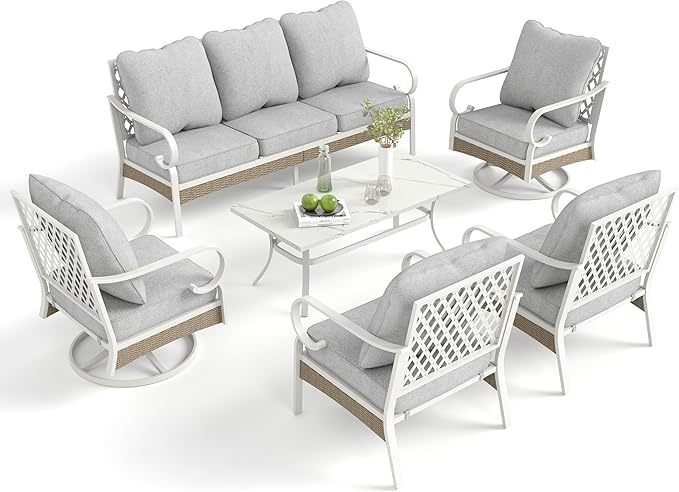 6 Piece Patio Furniture Set, 2 x Fixed Chair, 2 x Swivel Chair, 1 x 3-Seat Sofa with Marbling Coffee Table, 7 Seats Outdoor Conversation Set for Lawn Garden Backyard, Light Gray