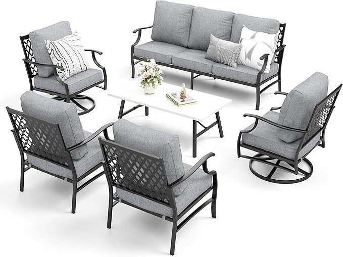 Patio Furniture Set 6 pcs, Outdoor Patio Furniture, 1 X 3-Seat Sofa, 2 X Single Chairs, 2 X Swivel Chairs, 1 X Coffee Table and 5.75" Extra Thick Cushion, Patio Conversation Set,Grey