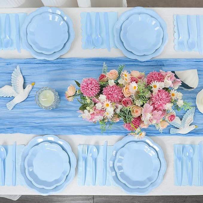 350 Pcs Light Blue Party Supplies Include Scalloped Plate Napkin Cup Forks Knives, Plastic Cutlery 50 Guest Disposable Party Tableware Set for Wedding Baby Shower Bridal Shower Birthday Parties