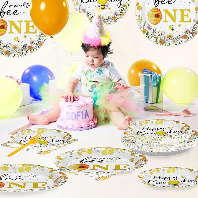 96Pcs Bee 1st Birthday Party Supplies Honey Bee Baby Shower Plates and Napkins Tableware Sets So Sweet to Bee One Birthday Party Decorations for Bee Day One Years Old Birthday Party Favors,Serves 24