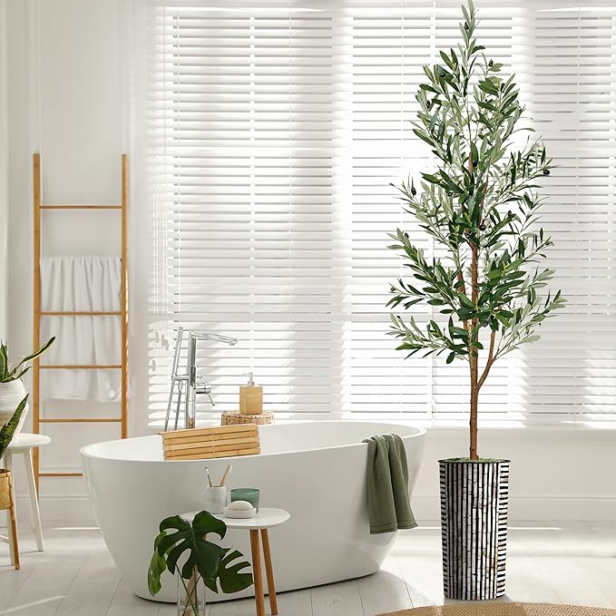 Artificial Tree in Black and Brown Striped Planter, Fake Olive Silk Tree for Indoor and Outdoor Home Decoration - 68" Overall Tall (Plant Pot Plus Tree)