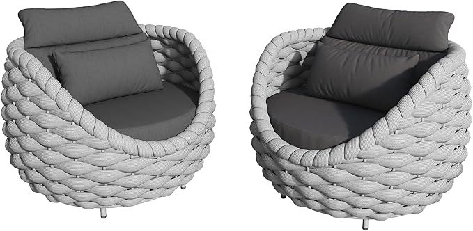 TWT 3 Pieces Aluminum Patio Furniture Set, Hand Woven Polyester Rope Modern Outdoor Furniture w/Washable Cushion and Rock Slab Tabletop, Conversation Sofa Set for Livingroom Poolside Balcony (Grey)