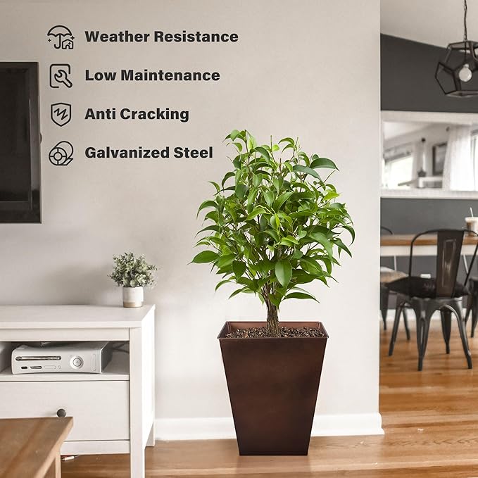 KOL 18''H. Metal Planter with Drainage Hole, Set of 2, Galvanized Steel Planter Pots for Indoor & Outdoor Use, Decorative Flower Plant Pots for Front Porch, Patio, Deck - Rust Color