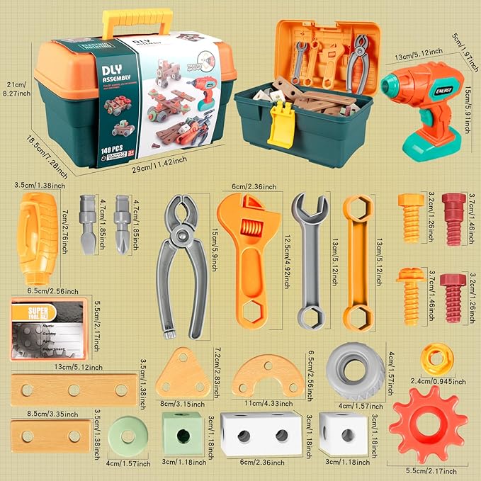 Kids Tool Set with Drill, 148 PCS STEM Building Tools with Storage Box Plastic Todder Tool Set for Boys and Girls Age 3 4 5 6 7 8 Years