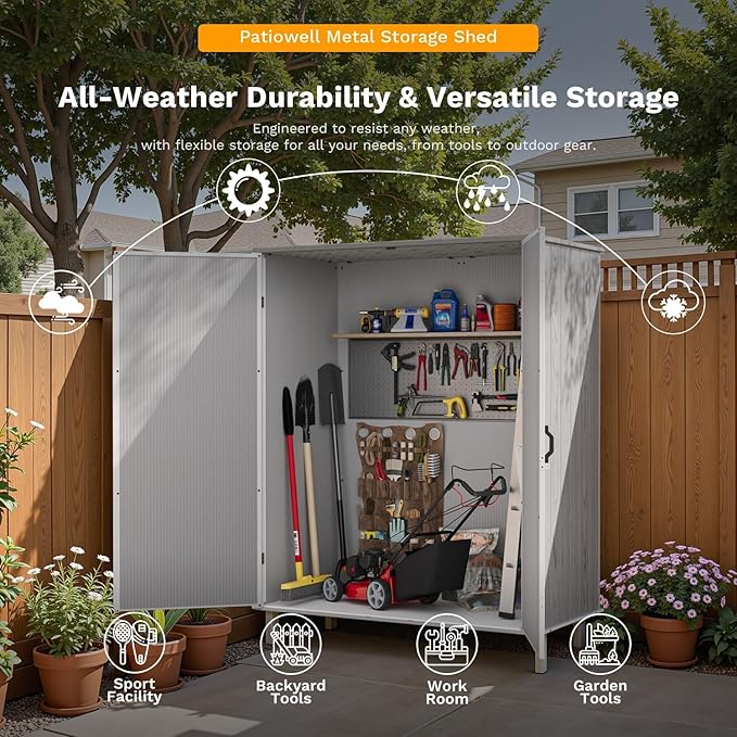 Patiowell 5x3 FT Outdoor Storage Shed with Floor, Plastic Vertical Storage Cabinet with Lockable Doors for Garden, Pool Storage, Tools and Patio Furnitrue Accessories, Light Gray