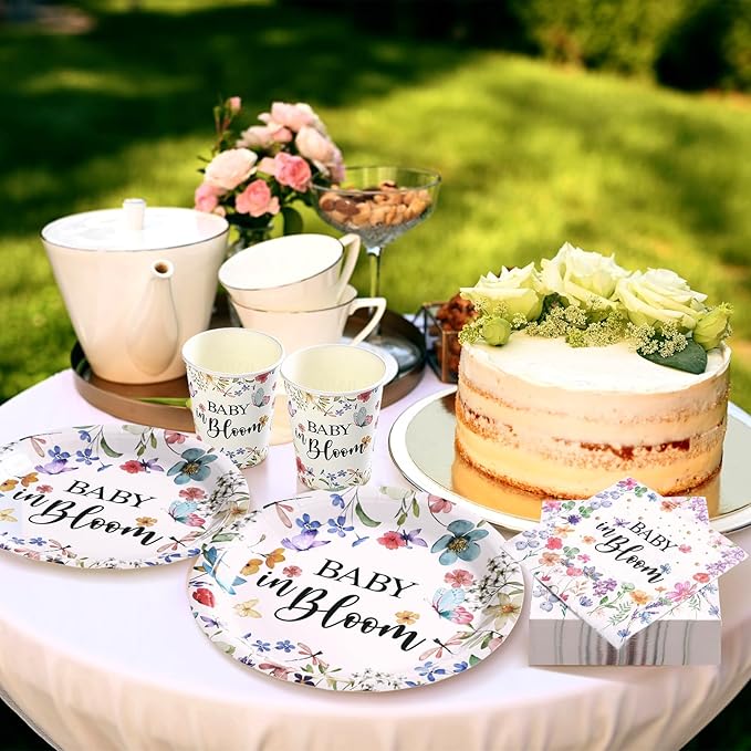 Hsei 250 Pcs Baby in Bloom Baby Shower Decorations Wildflower Plates and Napkins Set Spring Floral Party Tableware Set for 50 Guests Floral Disposable Plates Napkins Cups for Birthday Party Supplies