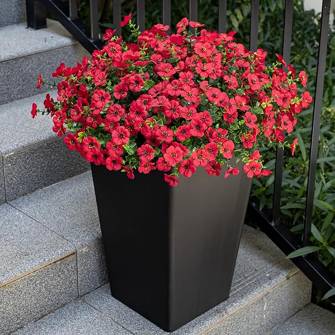 20 Bundles Artificial Flowers for Outdoor Fake Plants for Spring Decoration,Faux Eucalyptus Flowers for Planter UV Resistant Lifelike for Home Porch Garden(Red)