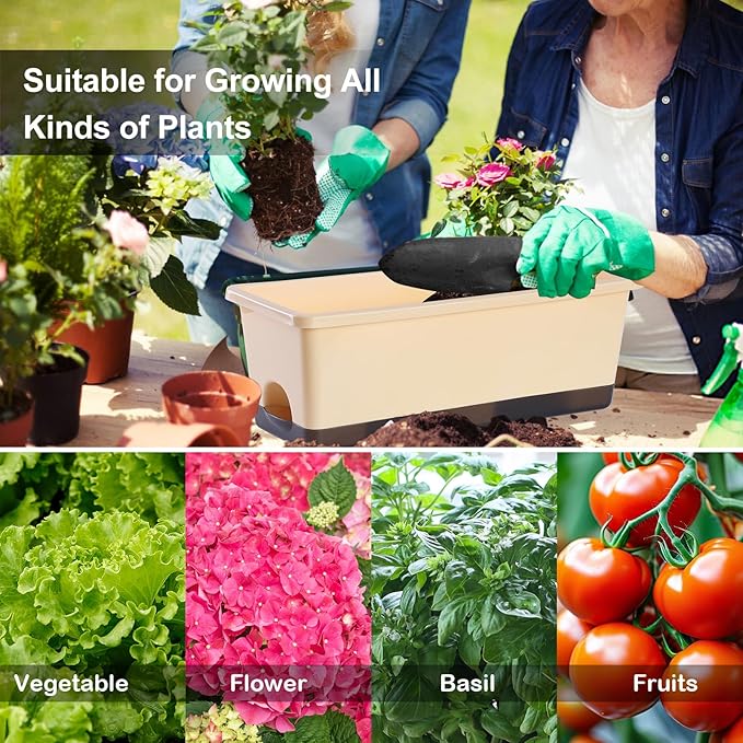 Window Box Planter 8 Pcs, 17 Inches Rectangle Flower Pots with Drainage Holes and Trays, Vegetable Planters for Windowsill Patio Garden Balcony Home Porch Yard Indoor Outdoor (Barley Yellow)