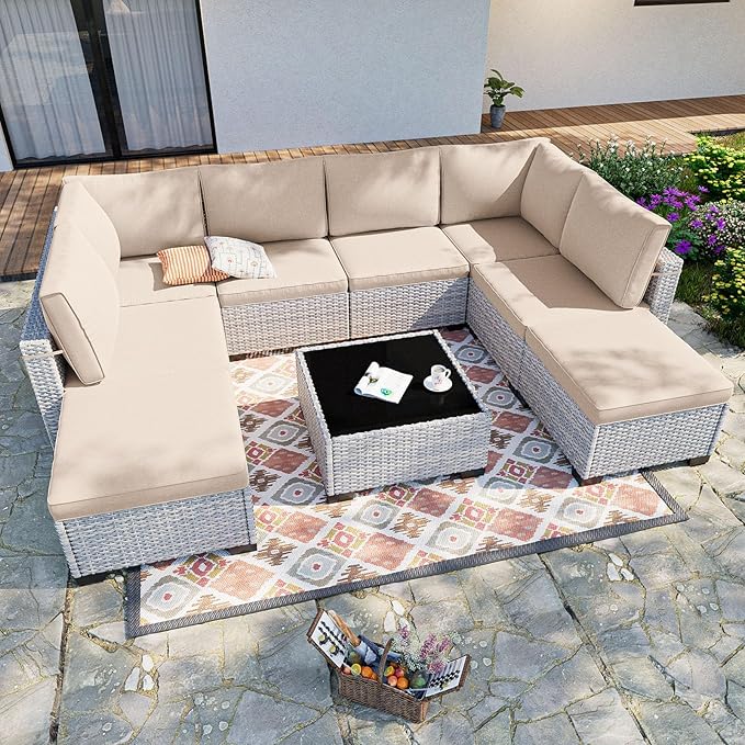 9-Piece Patio Furniture Set, Outdoor with Ottomans, Modular Patio Sofa, Dual-Strand Wicker Rattan, Rust-Resistant Frame, Backyard Furniture for Garden, Deck, Sand