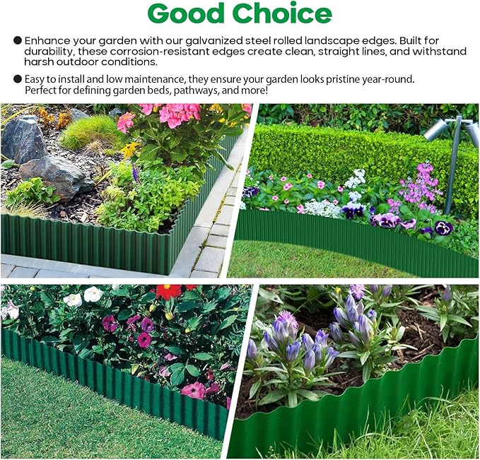 Corrugated Metal Garden Edging,Sturdy Tall Landscape Edging Borders with 6pcs Anchor Stakes, Perfect DIY for Flower Beds, Lawn and Pathway,Tree Surrounds,Paver Edges (Green 8"×20FT)