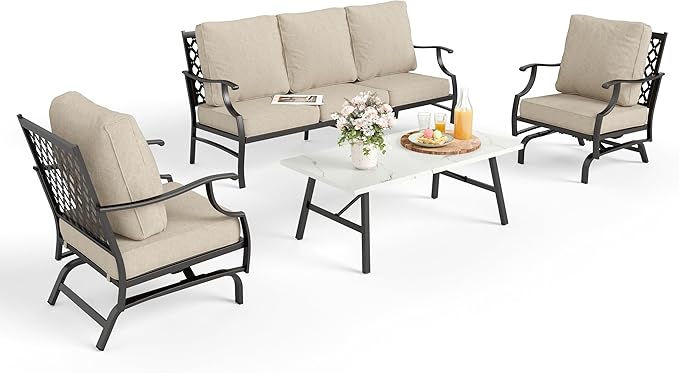 Patio Furniture Set 4 pcs, Outdoor Patio Furniture, 3-Seat Sofa, 2 Rocking Chairs, Metal Coffee Table and 5.75" Extra Thick Cushion, Patio Conversation Set for Garden Backyard Deck,Beige