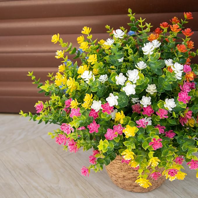 Artificial Flowers Outdoors, 12 Bundles Fake Flowers UV-Anti for Decoration Faux Plastic Plants Garden Porch Window Box Décor, WhitePinkYellowOrangeBlueGreen