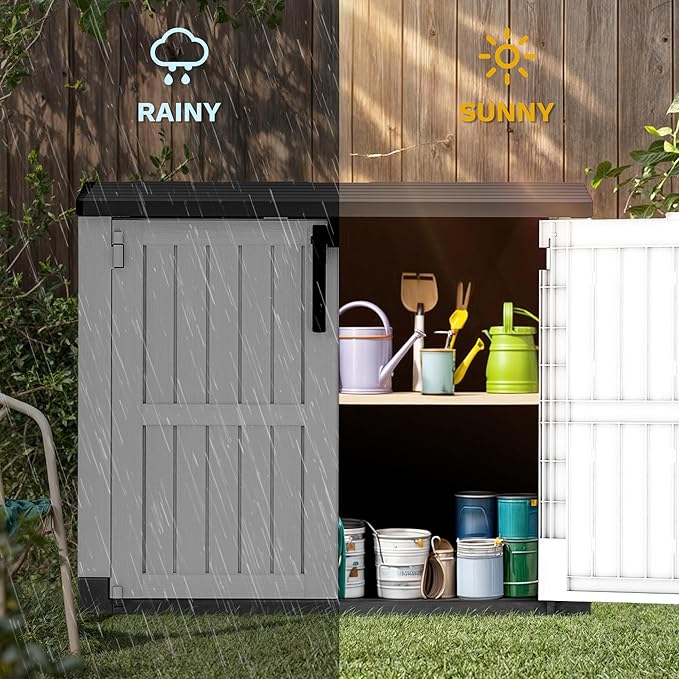 DWVO 36 cu ft Tool Storage Shed, Storage for Bakcyard, Patio, and Garden, Resin Plastic Shed with Sloped Lid, Lockable Door, and Wood Grain Finish, Light Gray