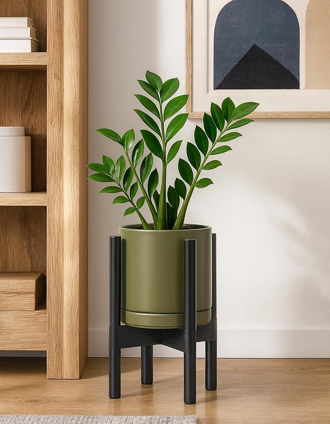 D'vine Dev Ceramic Planter with Ebony Stand - 8 Inch Modern Round Flower Pot with Wood Planter Holder, Olive, 55-B-M-J