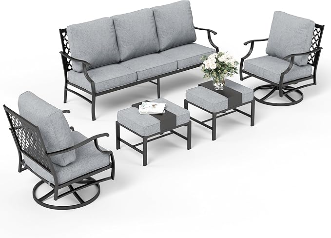5 Piece Metal Outdoor Patio Furniture Sets, Patio Conversation Sets 1 3-Seater Sofa, 2 Swivel Chairs, 2 Ottomans with 5.75" Thick Cushion, Black All-Weather Backyard Furniture, Gray