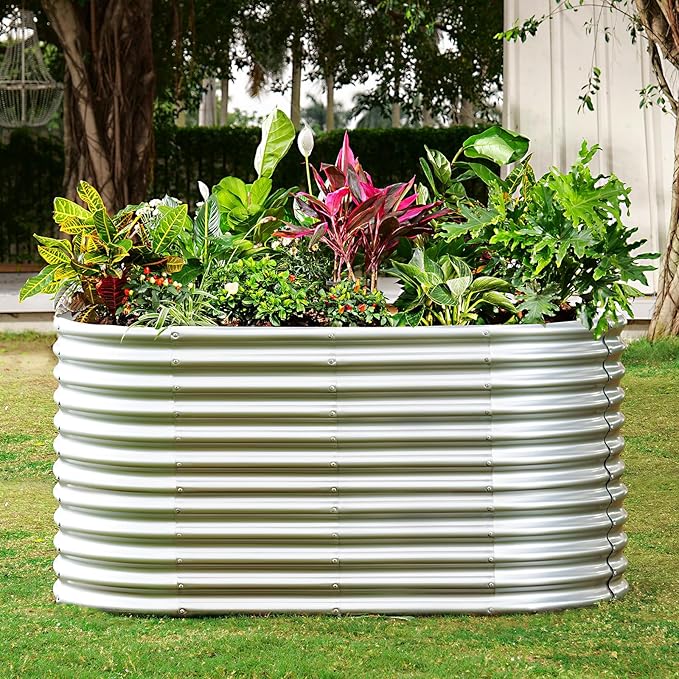 Land Guard 6x3x3ft Oval Galvanized Raised Garden Beds, Large-Capacity Metal Planter Box Outdoor, Durable Deep Raised Garden Bed 3ft Tall, Raised Beds for Gardening Vegetables, Classic Silver