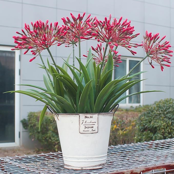 Artificial Flowers for Outdoors 18.9 in Large Fake Plants Outdoor Red Flower Agapanthus Spring Summer Decoration Outside for Front Porch Garden Window Box Decortion