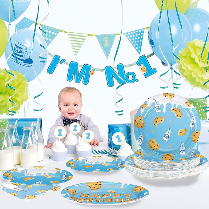 Grencian 96Pcs Milk and Cookies Party Supplies Chocolate Chip Cookies Plates and Napkins Sets Sweet One Birthday Decorations for Boys Baby Shower Milk and Cookies 1st Birthday Party Favor Serves 24