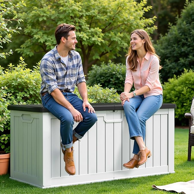 Flamaker Resin Deck Box 250 Gallon, Waterproof Imitation-Wood Lockable Storage Box with Separator Plate Outdoor Indoor, Garden, Patio Furniture for Tools&Pool Accessories (White with Black Cover)