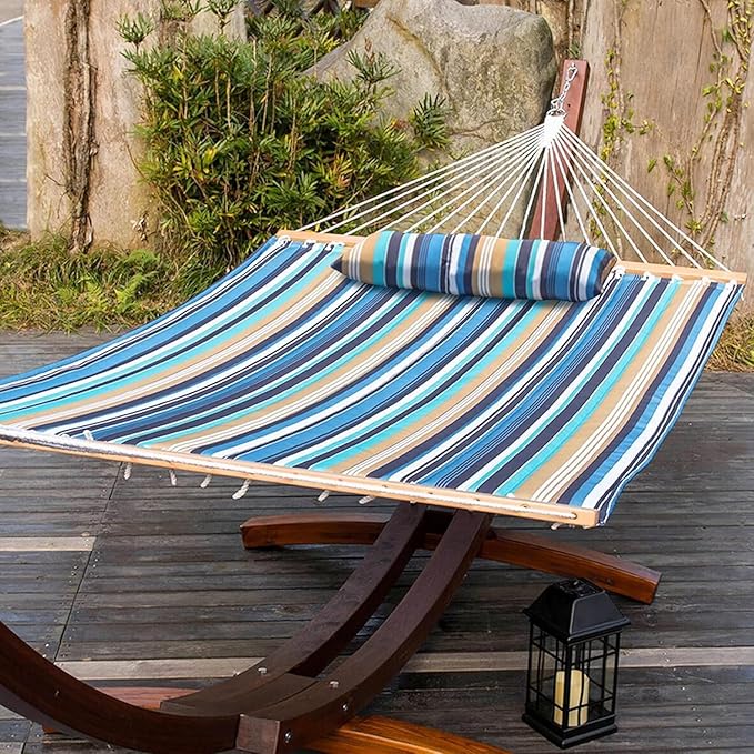 Lazy Daze Hammocks 12 FT Quilted Fabric Double Hammock with Spreader Bars and Detachable Pillow, 450lbs Weight Capacity, Beaches Stripe