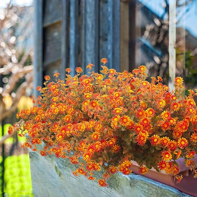 12 Bundles Artificial Fall Flowers for Outdoors Fake Plants - Faux Outside Greenery Boxwood No Fade Plastic Shrubs Decor Farmhouse Home Garden Thanksgiving (Fall Red)