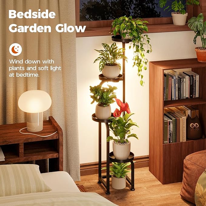 Bamworld Plant Stand with Grow Light, Corner Metal Flower Pot Stands for Multiple Plants, 4 Tier Heavy Duty Plant Shelf for Patio Garden Balcony Living Room Bedroom(Patent Design)