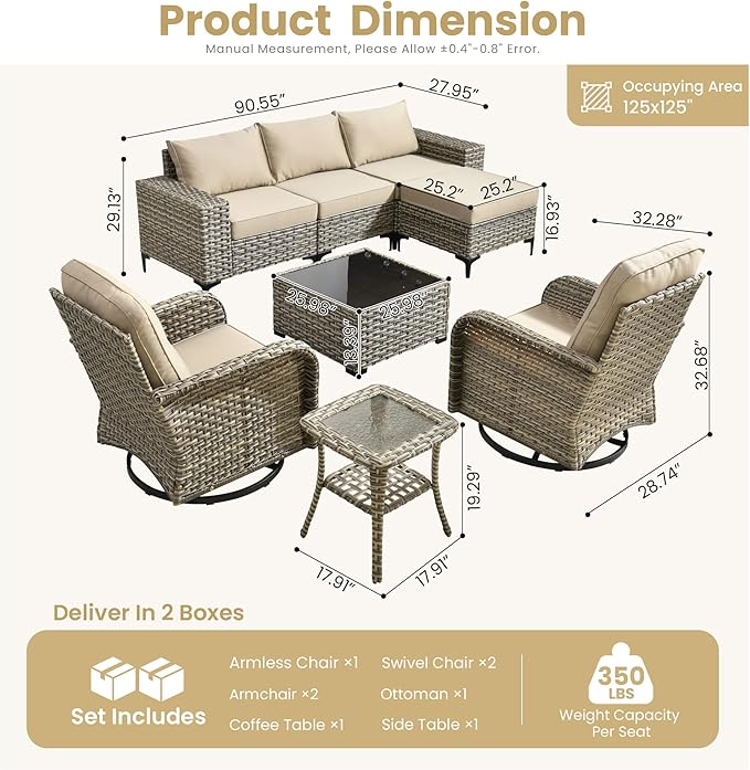HOOOWOOO Outdoor Sectional Furniture Set,8 Pieces Wicker Patio Conversation Sets,L Shape All Weather Outside Couch Sofa Set with Swivel Chairs Ottoman,Beige