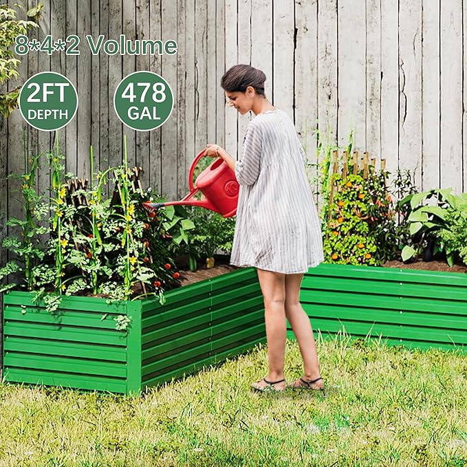 FOOWIN 8x4x2ft Galvanized Raised Garden Bed, Planter Raised Garden Boxes Outdoor, Large Metal Raised Beds for Gardening, Garden Bed for Vegetables, Flowers, Herb,478 Gallon Capacity, Green